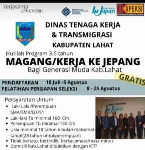 Peluang Generasi Muda Kabupaten Lahat, Disnakertrans kabupaten Lahat Membuka Program Magang ke Jepang