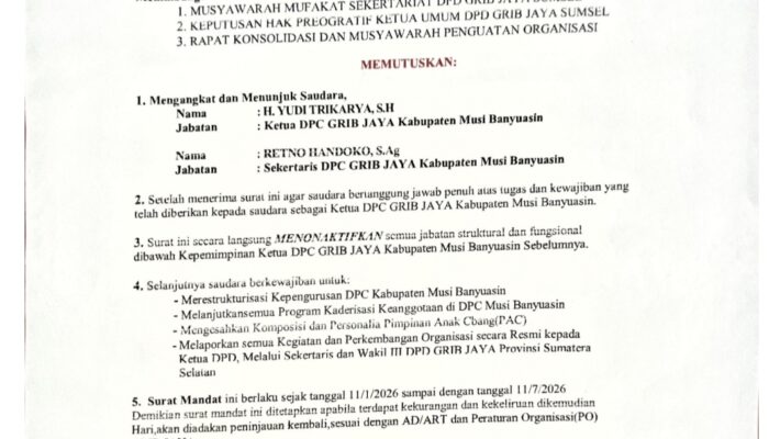 DPD GRIB JAYA Sumsel Serahkan Surat SK Mandat Untuk MUBA